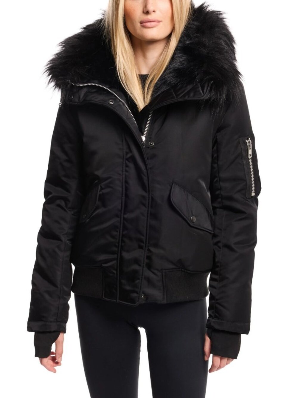 SAM. Sloane Women's Faux Fur Trim Hooded Bomber Puffer Jacket Black Size L - Picture 2 of 5